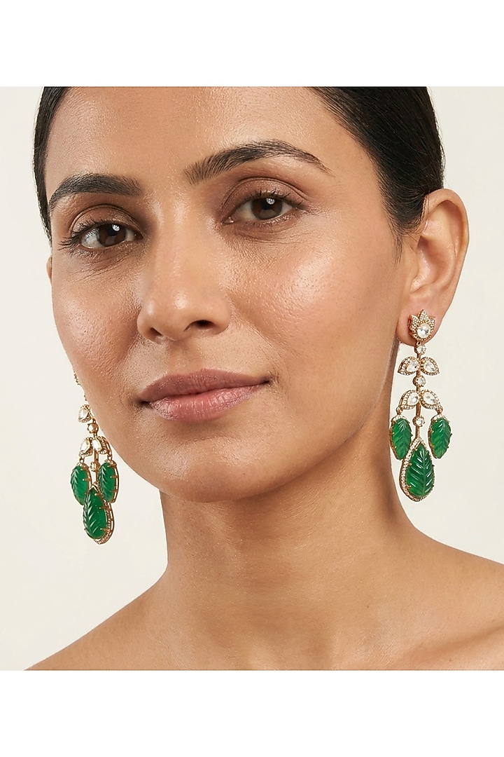 Gold Finish Kundan Polki & Green Stone Dangler Earrings by JewelTreeTz at Pernia's Pop Up Shop