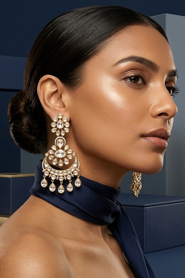 Gold Finish Kundan Polki Chandbali Earrings by JewelTreeTz at Pernia's Pop Up Shop