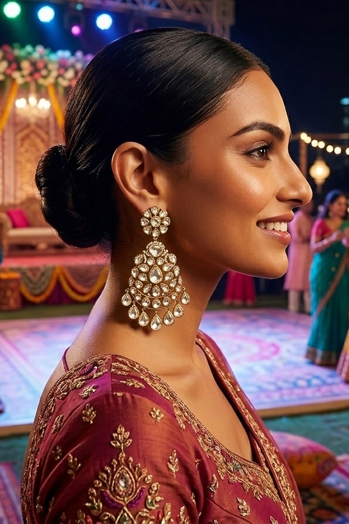 Gold Finish Kundan Polki Chandbali Earrings by JewelTreeTz at Pernia's Pop Up Shop