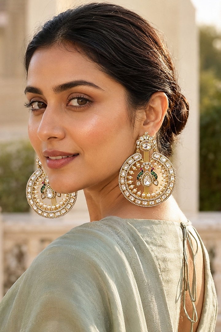 Gold Finish Kundan Polki Chandbali Earrings by JewelTreeTz at Pernia's Pop Up Shop
