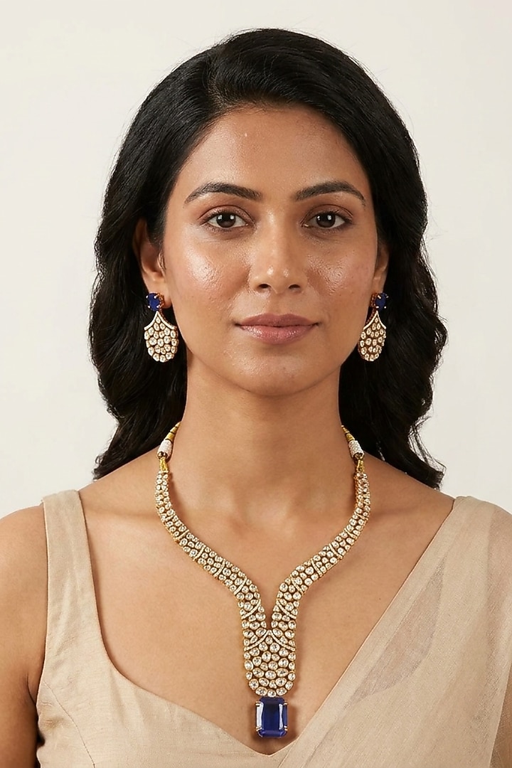 Gold Finish Moissanite Kundan Polki & Sapphire Doublet Necklace Set by JewelTreeTz at Pernia's Pop Up Shop