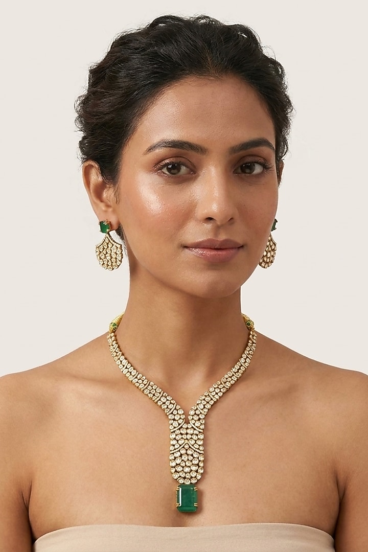 Gold Finish Moissanite Kundan Polki & Emerald Doublet Necklace Set by JewelTreeTz at Pernia's Pop Up Shop
