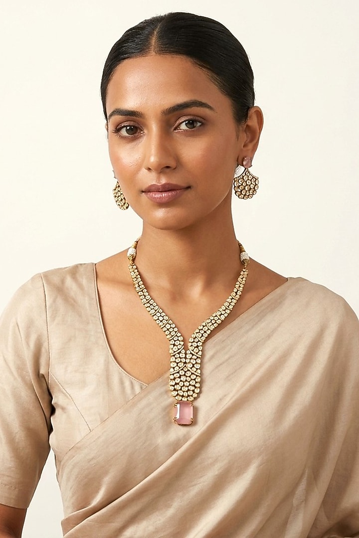 Gold Finish Moissanite Kundan Polki & Rose Doublet Necklace Set by JewelTreeTz at Pernia's Pop Up Shop