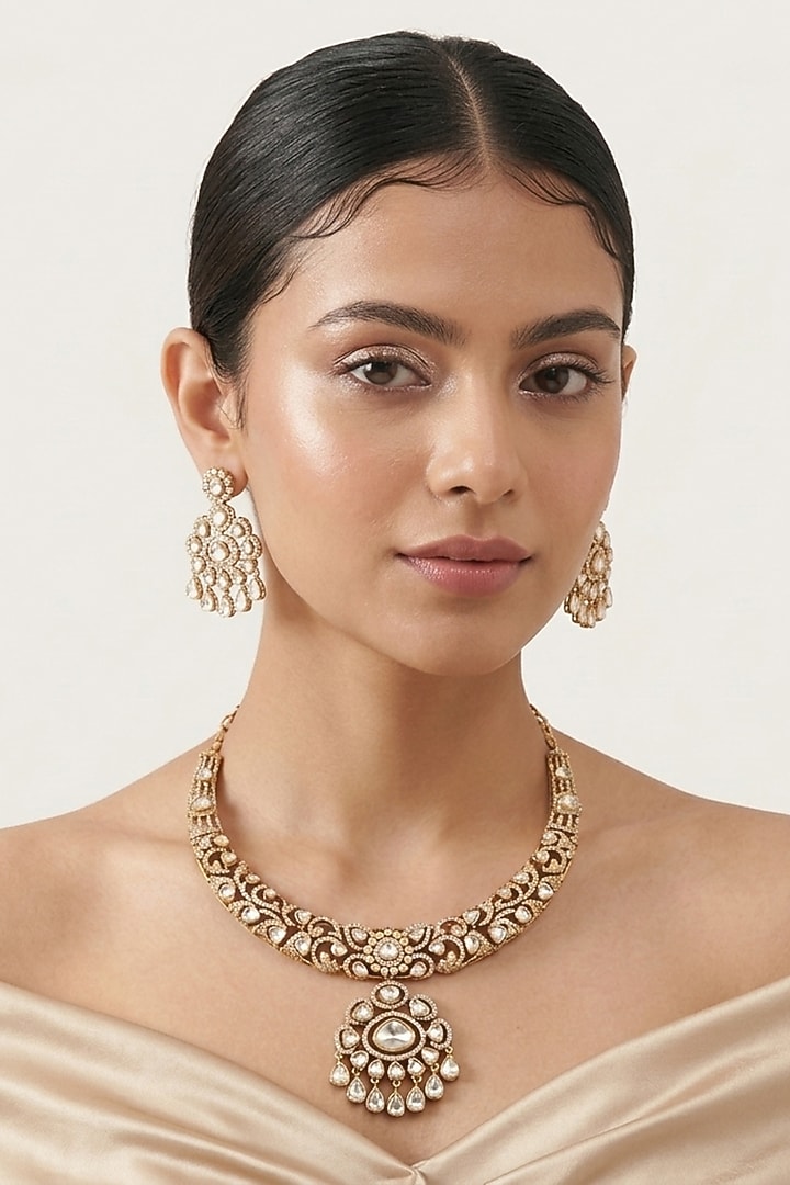 Gold Finish Moissanite Kundan Polki Choker Necklace Set by JewelTreeTz at Pernia's Pop Up Shop