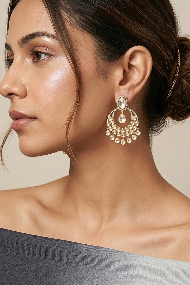 Gold Finish Moissanite Kundan Polki & Pear Drop Chandbali Earrings by JewelTreeTz at Pernia's Pop Up Shop
