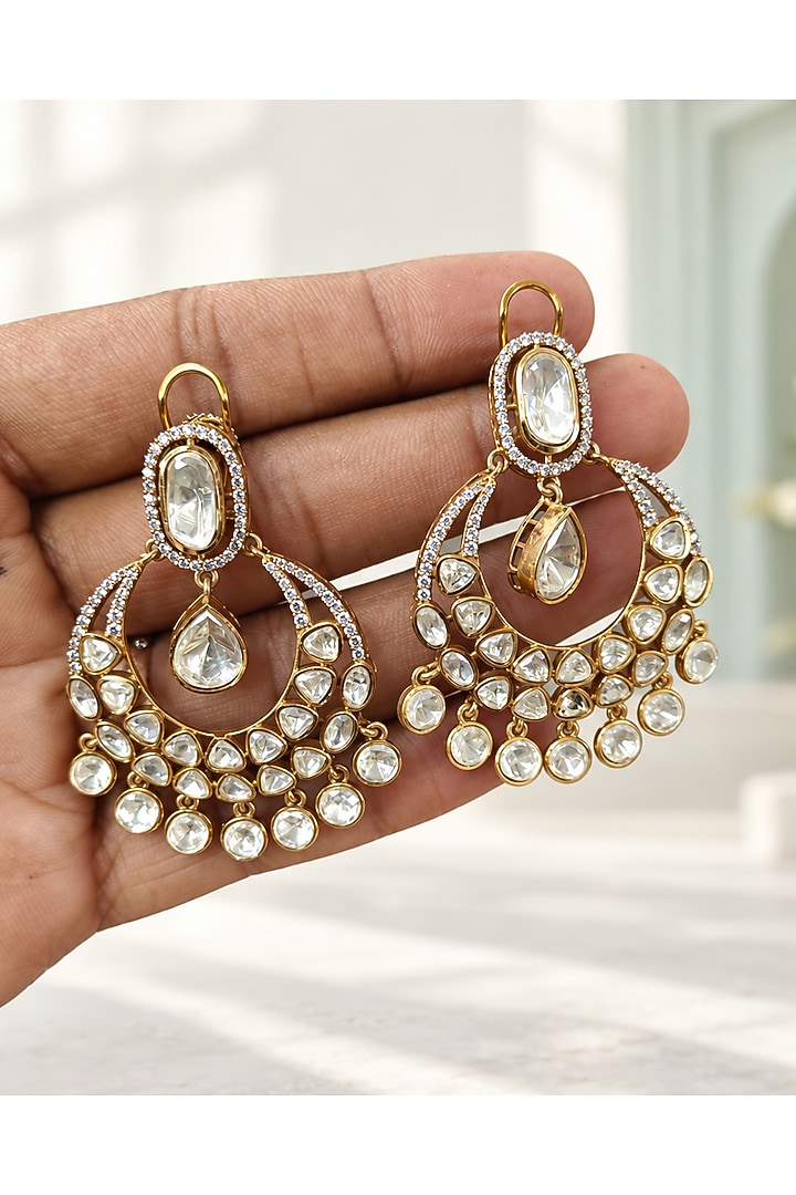 Gold Finish Moissanite Kundan Polki & Pear Drop Chandbali Earrings by JewelTreeTz at Pernia's Pop Up Shop