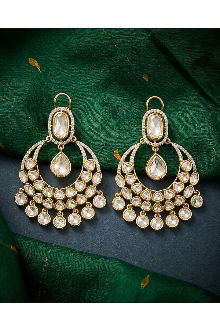 Gold Finish Moissanite Kundan Polki & Pear Drop Chandbali Earrings by JewelTreeTz at Pernia's Pop Up Shop