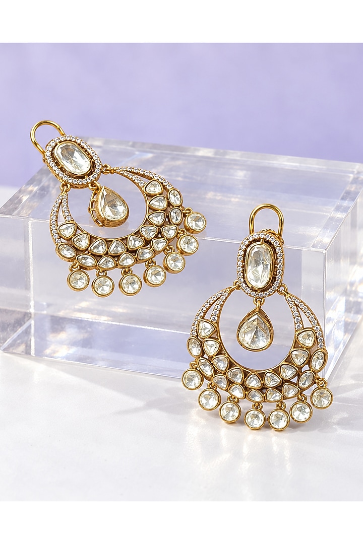 Gold Finish Moissanite Kundan Polki & Pear Drop Chandbali Earrings by JewelTreeTz at Pernia's Pop Up Shop