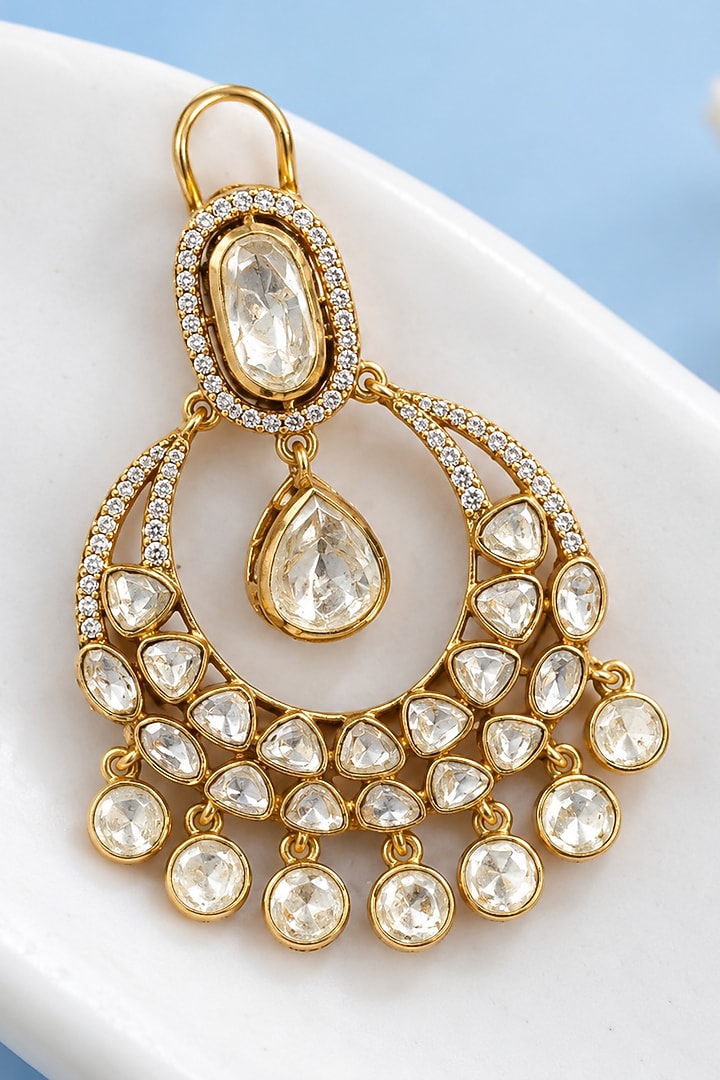 Gold Finish Moissanite Kundan Polki & Pear Drop Chandbali Earrings by JewelTreeTz at Pernia's Pop Up Shop