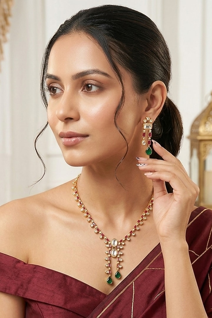 Gold Finish Moissanite Kundan Polki & Emerald Doublet Necklace Set by JewelTreeTz at Pernia's Pop Up Shop