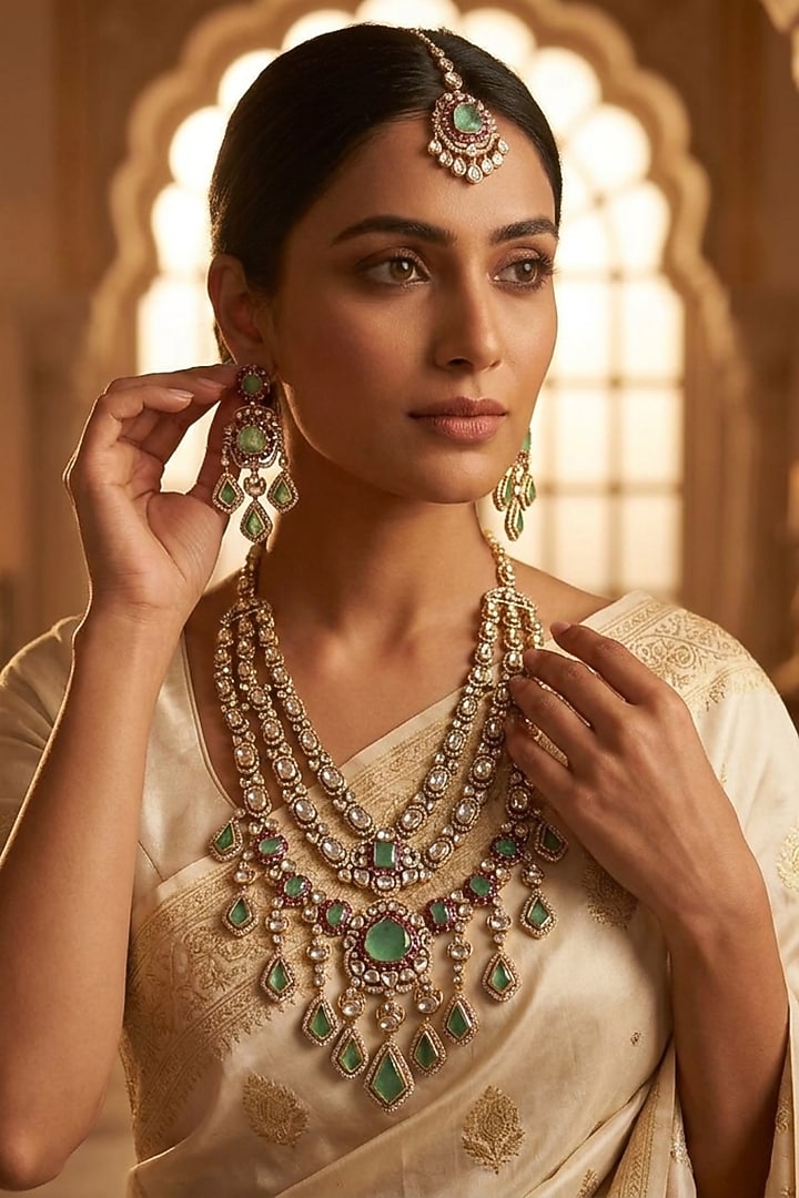 Gold Finish Mint Green Kundan Polki Necklace Set by JewelTreeTz at Pernia's Pop Up Shop