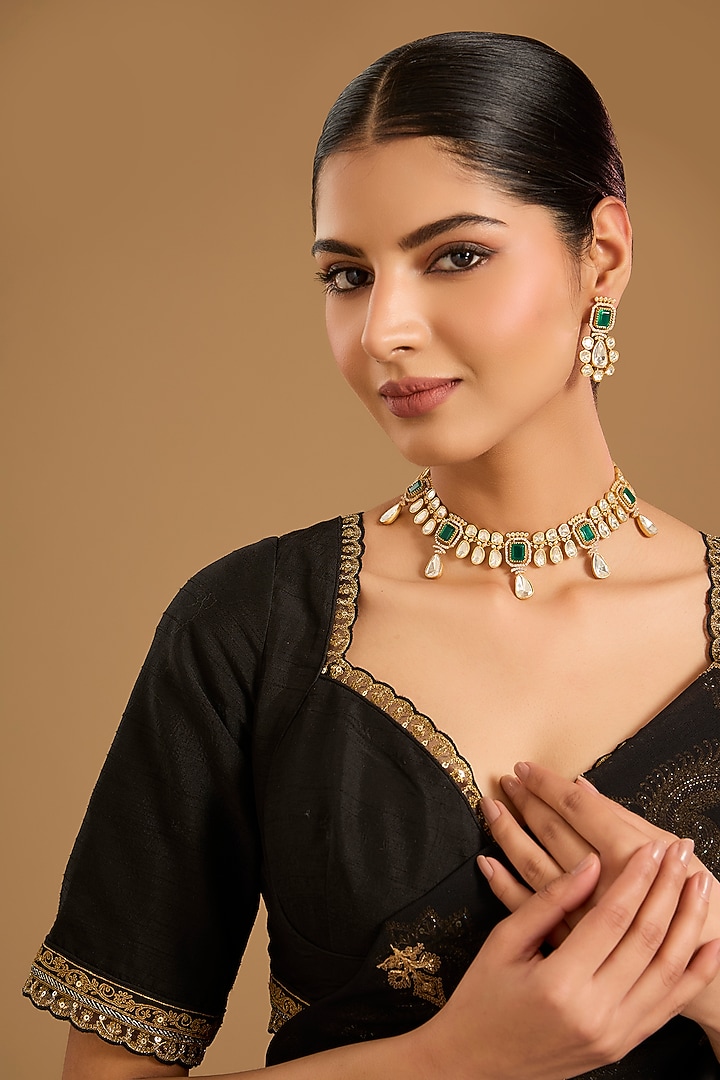 Gold Finish Kundan Polki & Emerald Stone Choker Necklace Set by JewelTreeTz at Pernia's Pop Up Shop