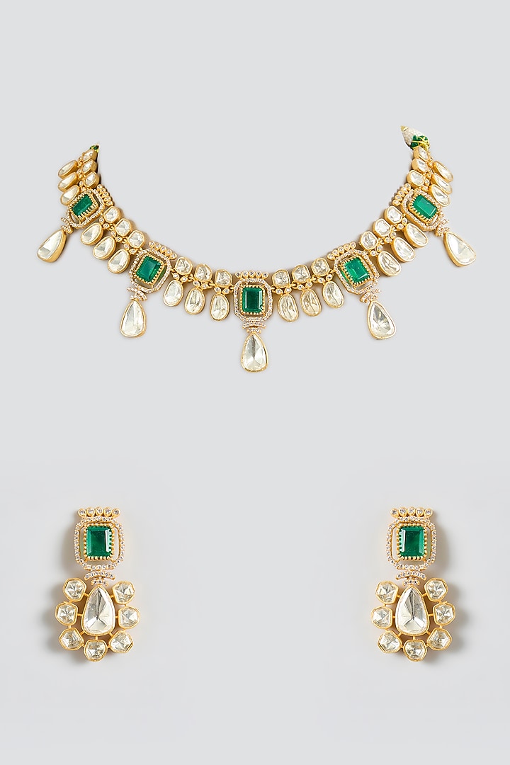 Gold Finish Kundan Polki & Emerald Stone Choker Necklace Set by JewelTreeTz at Pernia's Pop Up Shop