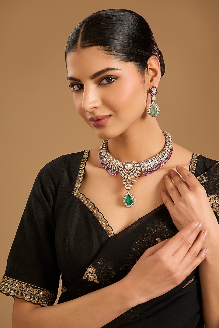 Two-Tone Finish Kundan Polki & Multi-Colored Stone Choker Necklace Set by JewelTreeTz at Pernia's Pop Up Shop