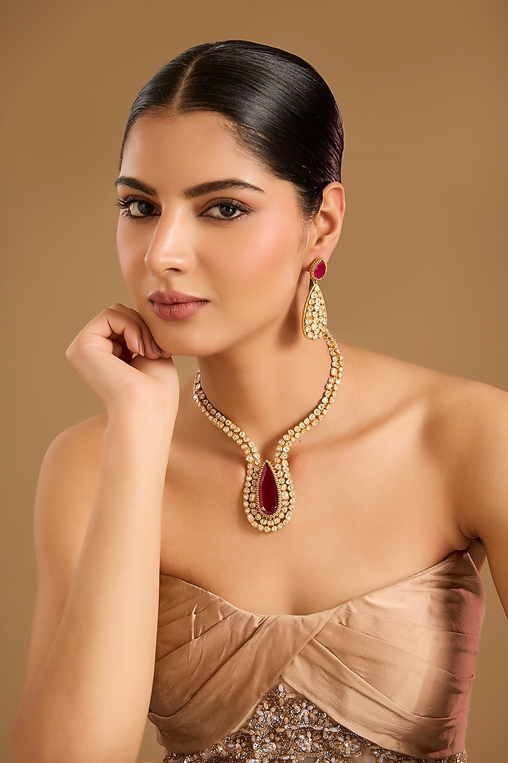 Gold Finish Kundan Polki & Ruby Stone Necklace Set by JewelTreeTz at Pernia's Pop Up Shop