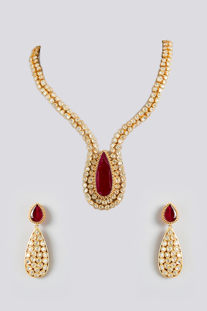 Gold Finish Kundan Polki & Ruby Stone Necklace Set by JewelTreeTz at Pernia's Pop Up Shop