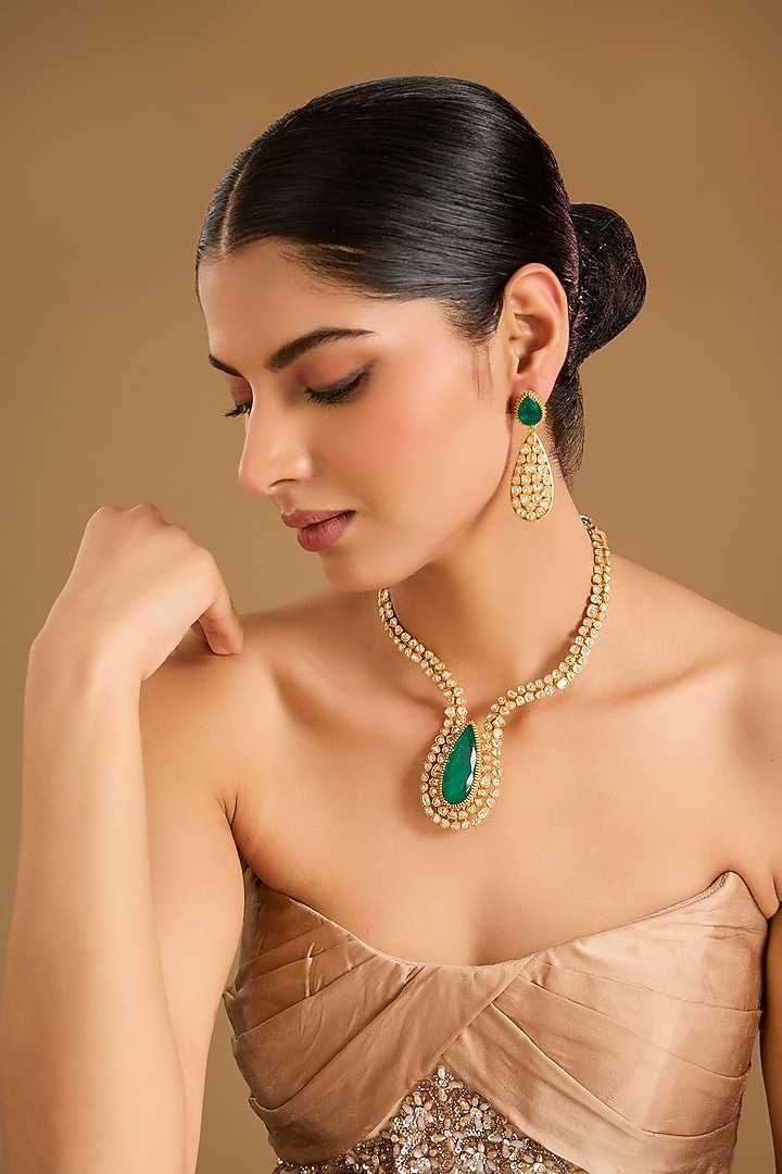 Gold Finish Kundan Polki & Emerald Stone Necklace Set by JewelTreeTz at Pernia's Pop Up Shop