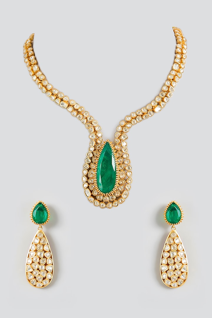 Gold Finish Kundan Polki & Emerald Stone Necklace Set by JewelTreeTz at Pernia's Pop Up Shop