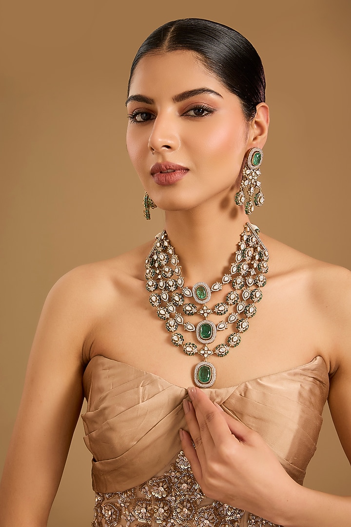 Two-Tone Finish Kundan Polki & Emerald Stone Layered Necklace Set by JewelTreeTz at Pernia's Pop Up Shop