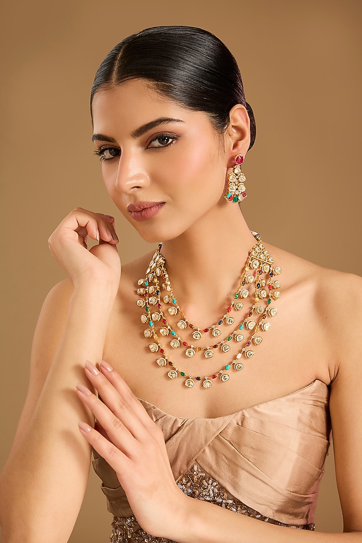 Gold Finish Kundan Polki & Navratna Stone Layered Necklace Set by JewelTreeTz at Pernia's Pop Up Shop