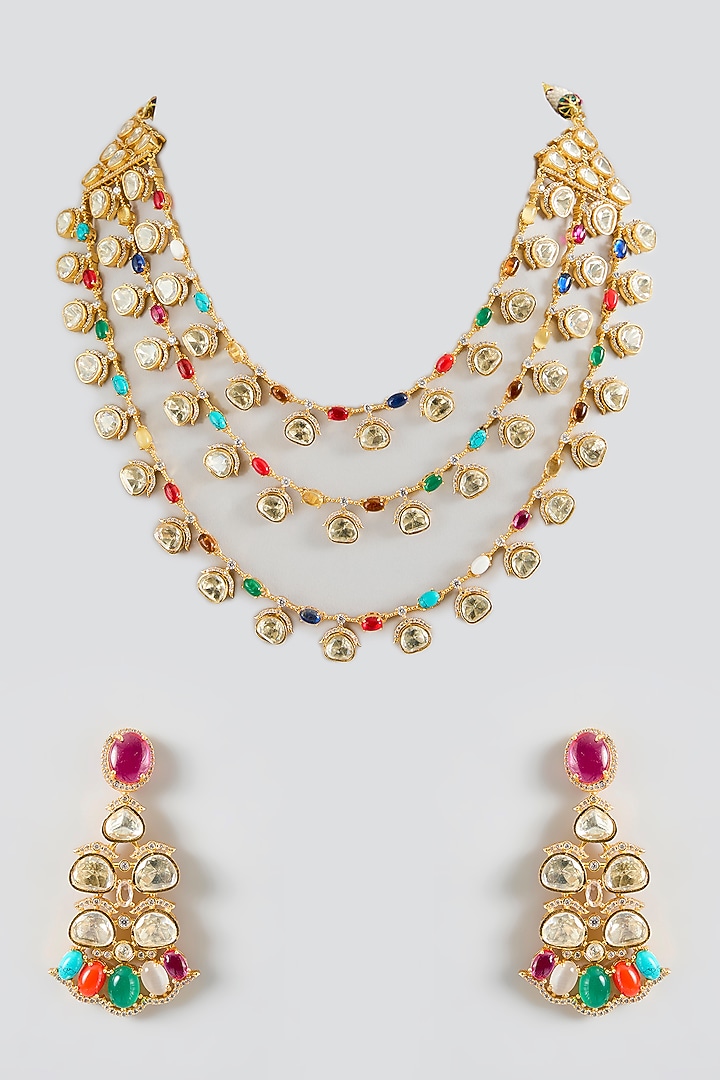 Gold Finish Kundan Polki & Navratna Stone Layered Necklace Set by JewelTreeTz at Pernia's Pop Up Shop