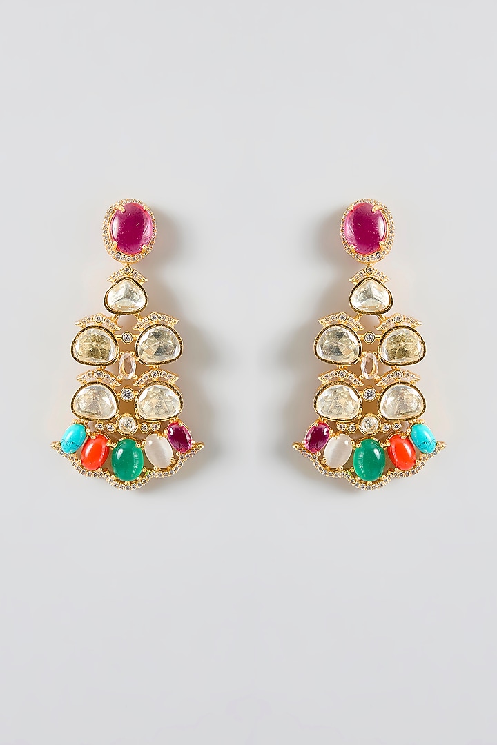 Gold Finish Kundan Polki & Navratna Stone Layered Necklace Set by JewelTreeTz at Pernia's Pop Up Shop