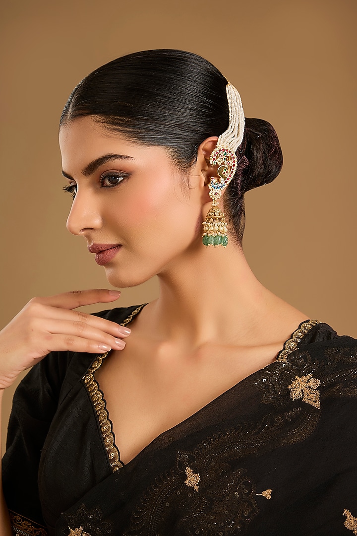 Gold Finish Kundan Polki & Pearl Jhumka Earrings by JewelTreeTz at Pernia's Pop Up Shop