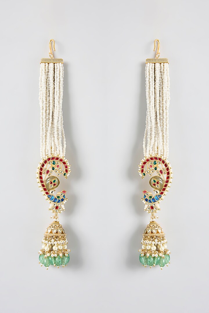 Gold Finish Kundan Polki & Pearl Jhumka Earrings by JewelTreeTz at Pernia's Pop Up Shop