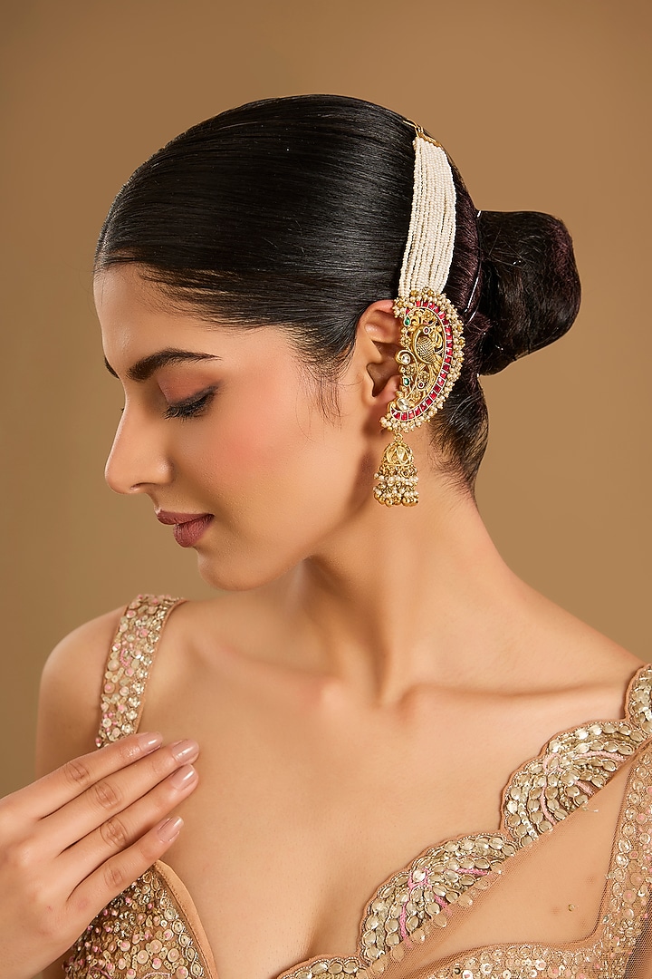Gold Finish Kundan Polki & Multi-Colored Stone Jhumka Earrings by JewelTreeTz at Pernia's Pop Up Shop