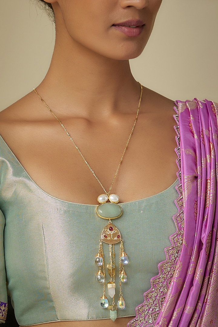Gold Finish Natural Green Agate Stone Long Pendant Necklace by JewelTreeTz at Pernia's Pop Up Shop