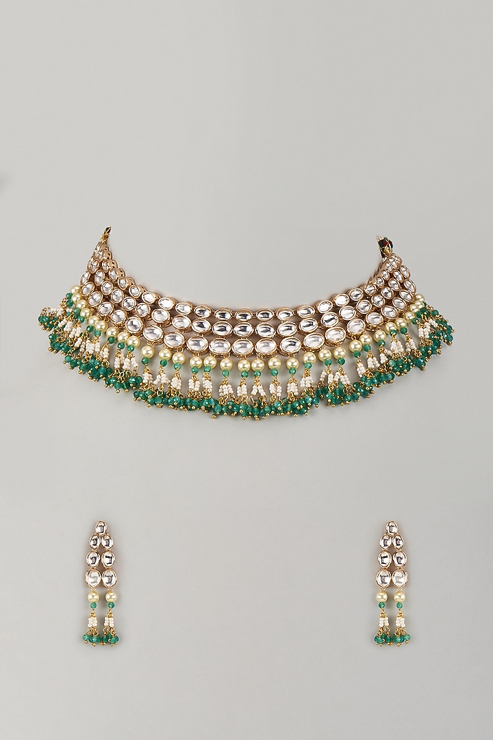 Gold Finish Uncut Kundan Polki & Emerald Beaded Choker Necklace Set by JewelTreeTz at Pernia's Pop Up Shop