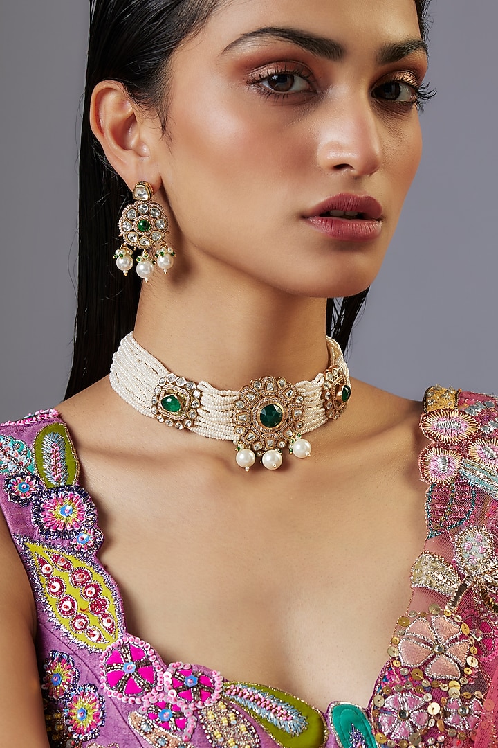 Gold Finish Moissanite Polki & Green Stone Choker Necklace Set by JewelTreeTz at Pernia's Pop Up Shop