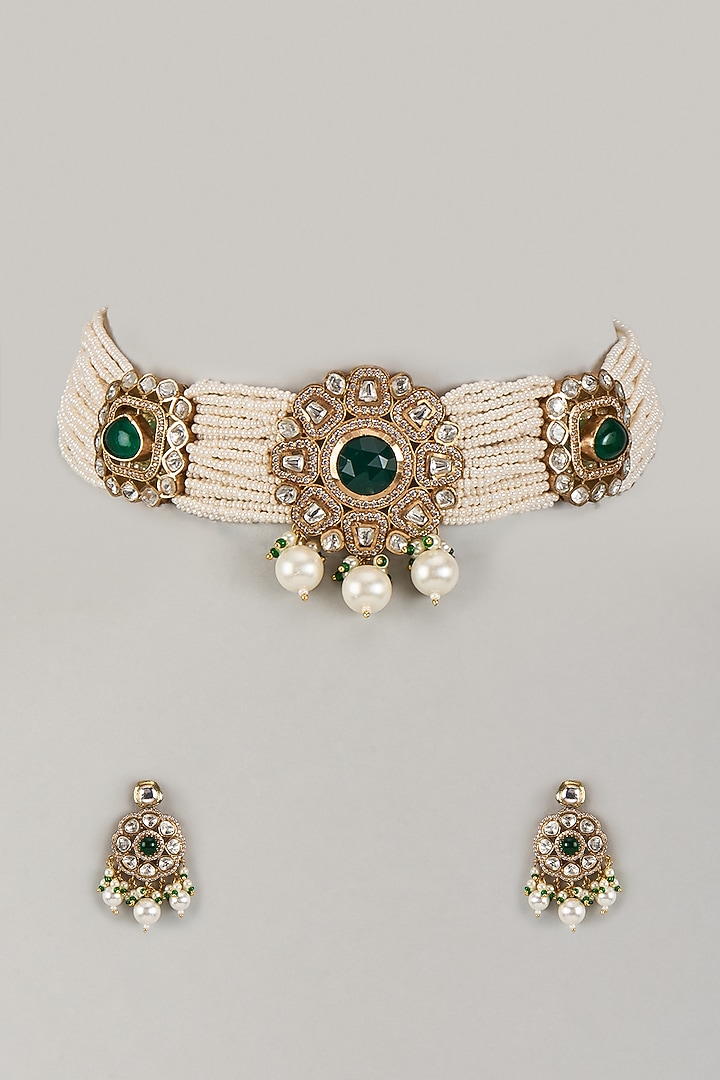Gold Finish Moissanite Polki & Green Stone Choker Necklace Set by JewelTreeTz at Pernia's Pop Up Shop