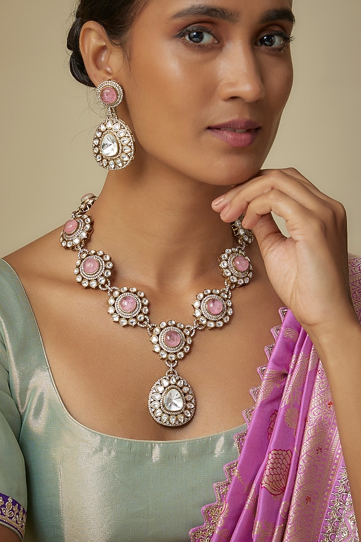 Antique Gold Finish Rose Pink Doublet Stone & Uncut Kundan Polki Long Necklace Set by JewelTreeTz at Pernia's Pop Up Shop