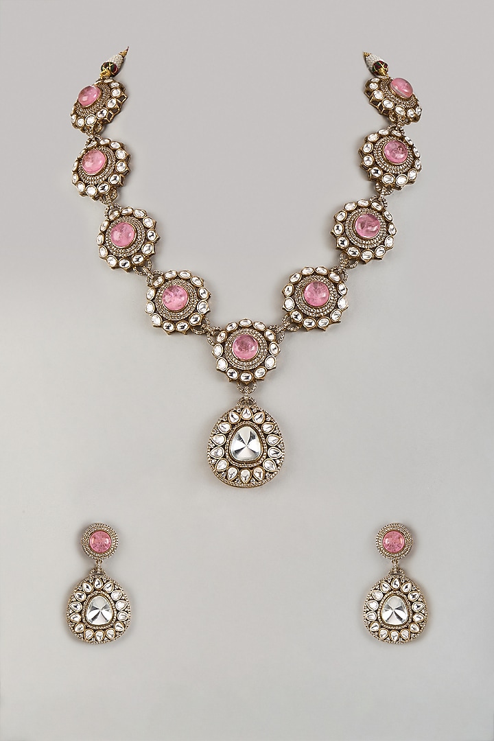 Antique Gold Finish Rose Pink Doublet Stone & Uncut Kundan Polki Long Necklace Set by JewelTreeTz at Pernia's Pop Up Shop