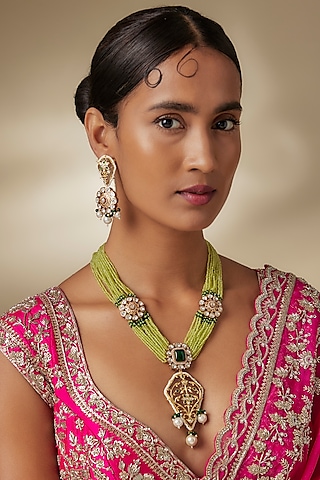 Gold Finish Kundan Polki Long Beaded Necklace Set by JewelTreeTz