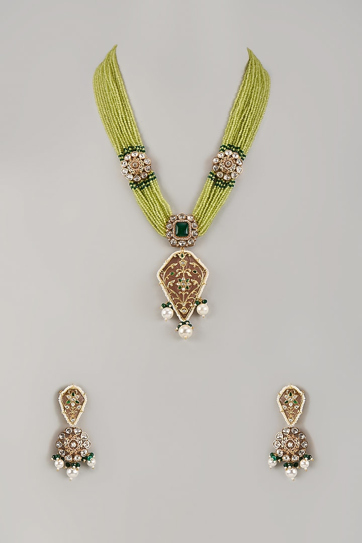 Gold Finish Kundan Polki Long Beaded Necklace Set by JewelTreeTz at Pernia's Pop Up Shop