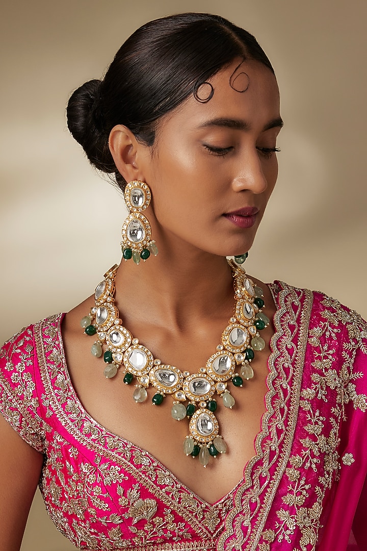 Gold Finish Moissanite Polki & Emerald Beaded Long Necklace Set by JewelTreeTz at Pernia's Pop Up Shop