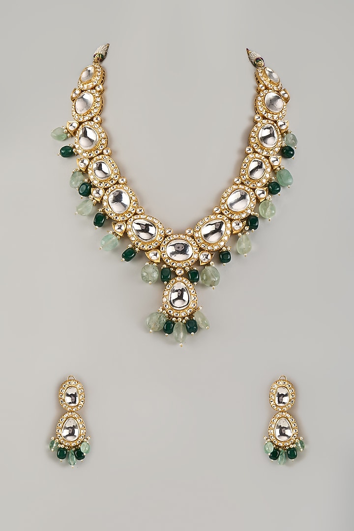Gold Finish Moissanite Polki & Emerald Beaded Long Necklace Set by JewelTreeTz at Pernia's Pop Up Shop