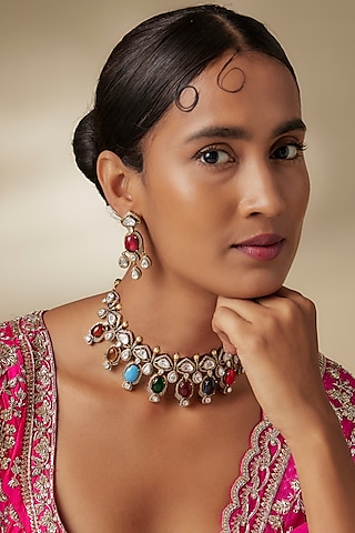Black Rhodium Finish Kundan Polki & Navratna Stone Choker Necklace Set by JewelTreeTz