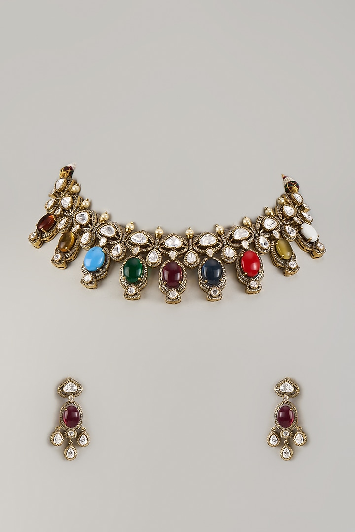 Black Rhodium Finish Kundan Polki & Navratna Stone Choker Necklace Set by JewelTreeTz at Pernia's Pop Up Shop