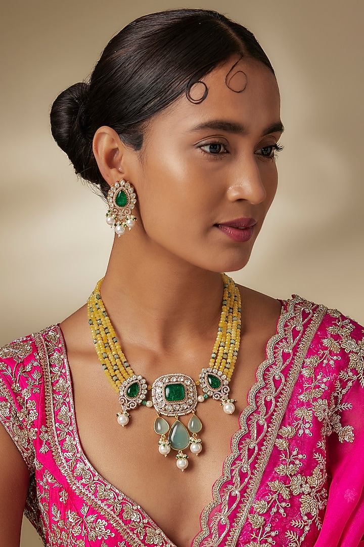 Gold Finish Kundan Polki & Yellow Beaded Long Necklace Set by JewelTreeTz at Pernia's Pop Up Shop