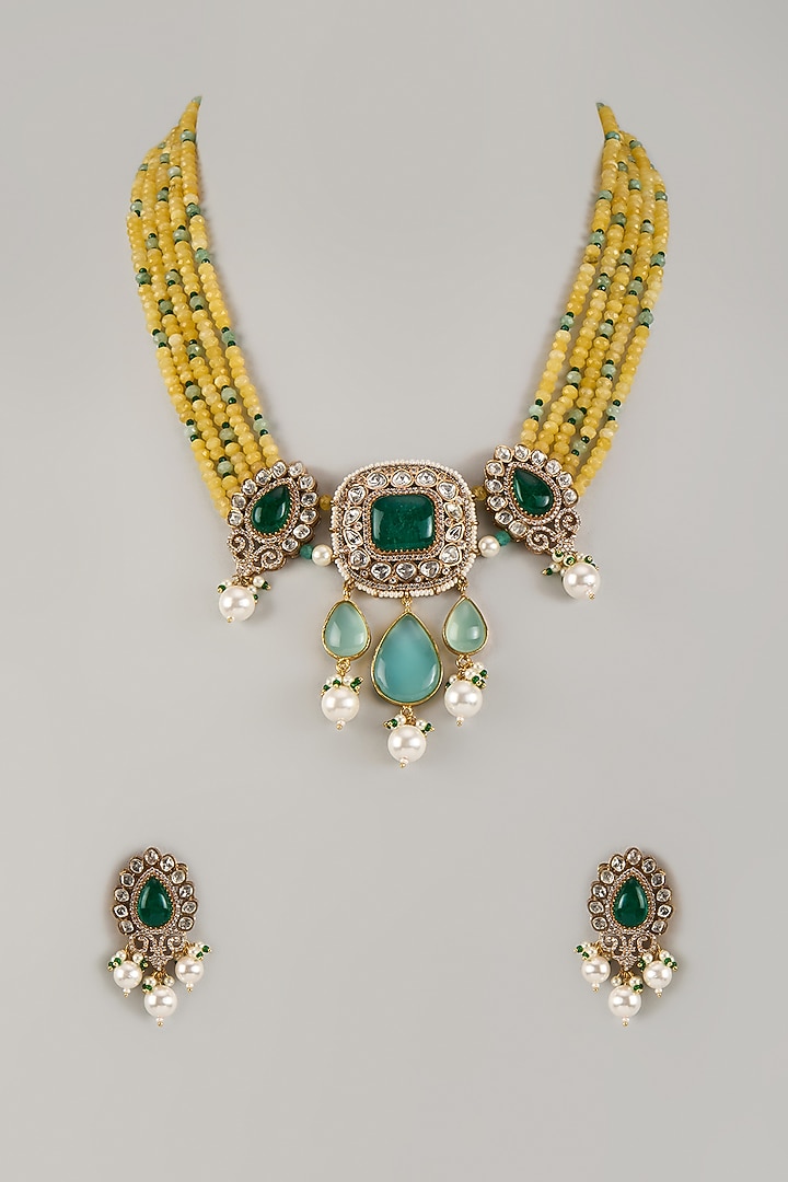 Gold Finish Kundan Polki & Yellow Beaded Long Necklace Set by JewelTreeTz at Pernia's Pop Up Shop