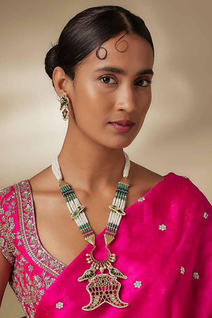 Gold Finish Kundan Polki & Multi-Colored Gemstone Long Beaded Necklace Set by JewelTreeTz at Pernia's Pop Up Shop