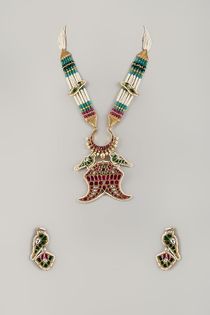 Gold Finish Kundan Polki & Multi-Colored Gemstone Long Beaded Necklace Set by JewelTreeTz at Pernia's Pop Up Shop