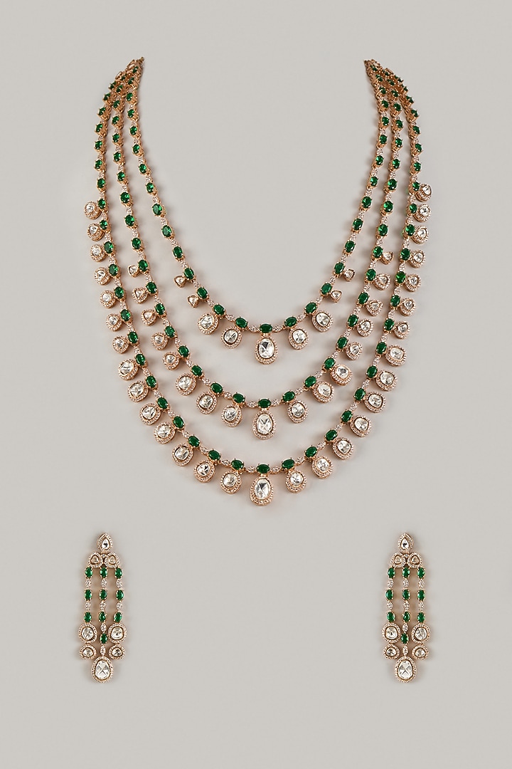 Rose Gold Finish Uncut Kundan Polki & Green Stone Layered Necklace Set by JewelTreeTz at Pernia's Pop Up Shop