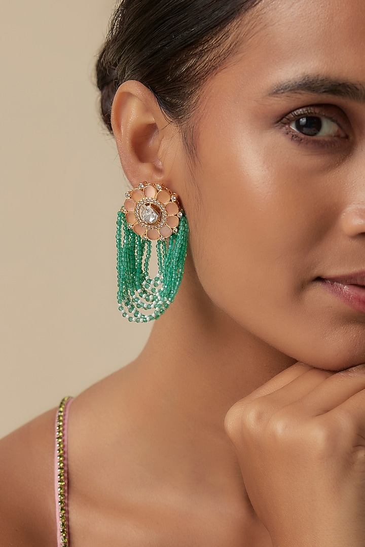 Gold Finish Green Agate Crystal & Moissanite Stone Dangler Earrings by JewelTreeTz at Pernia's Pop Up Shop