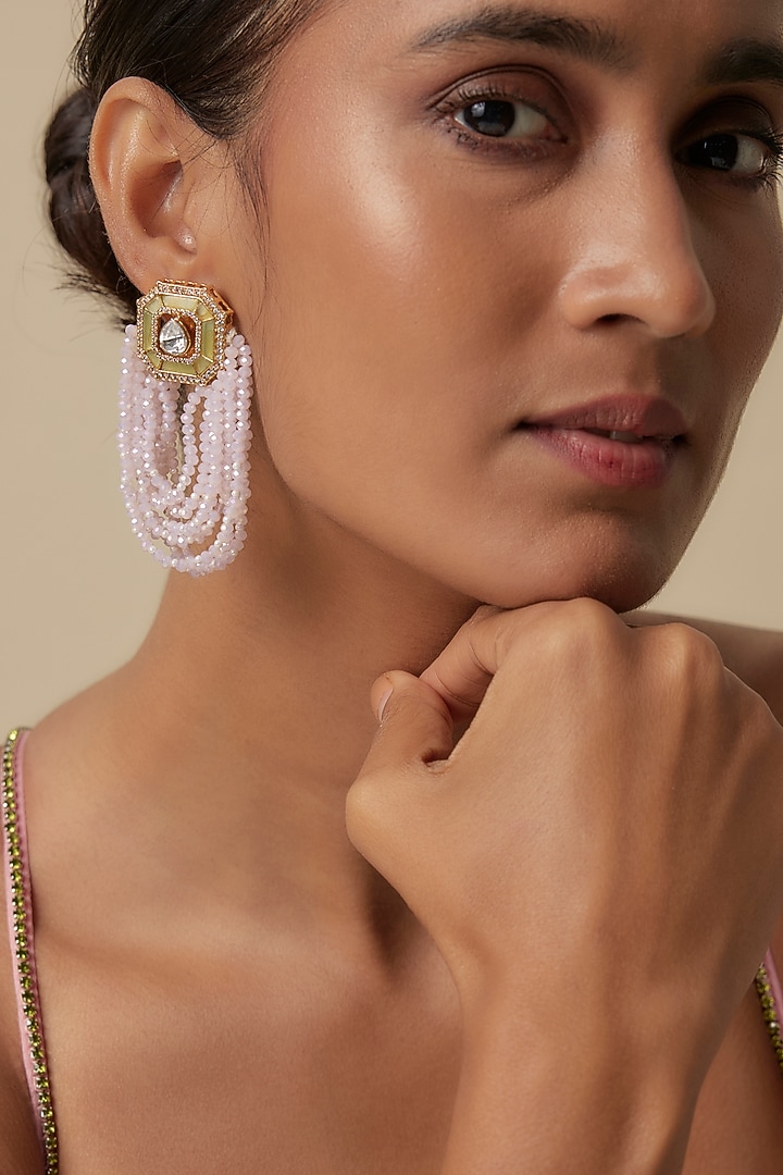 Gold Finish Peach Agate Crystal & Moissanite Stone Dangler Earrings by JewelTreeTz at Pernia's Pop Up Shop