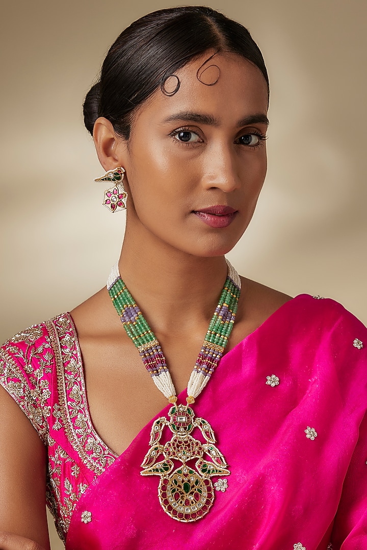 Gold Finish Kundan Polki & Multi-Colored Gemstone Long Beaded Necklace Set by JewelTreeTz at Pernia's Pop Up Shop