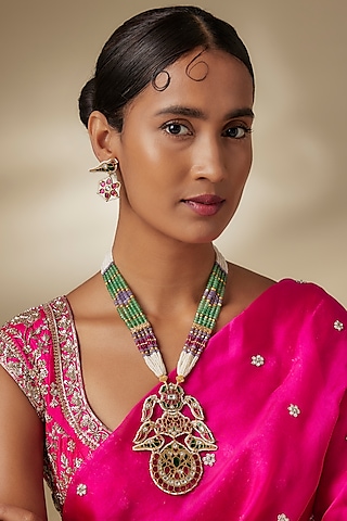 Gold Finish Kundan Polki & Multi-Colored Gemstone Long Beaded Necklace Set by JewelTreeTz